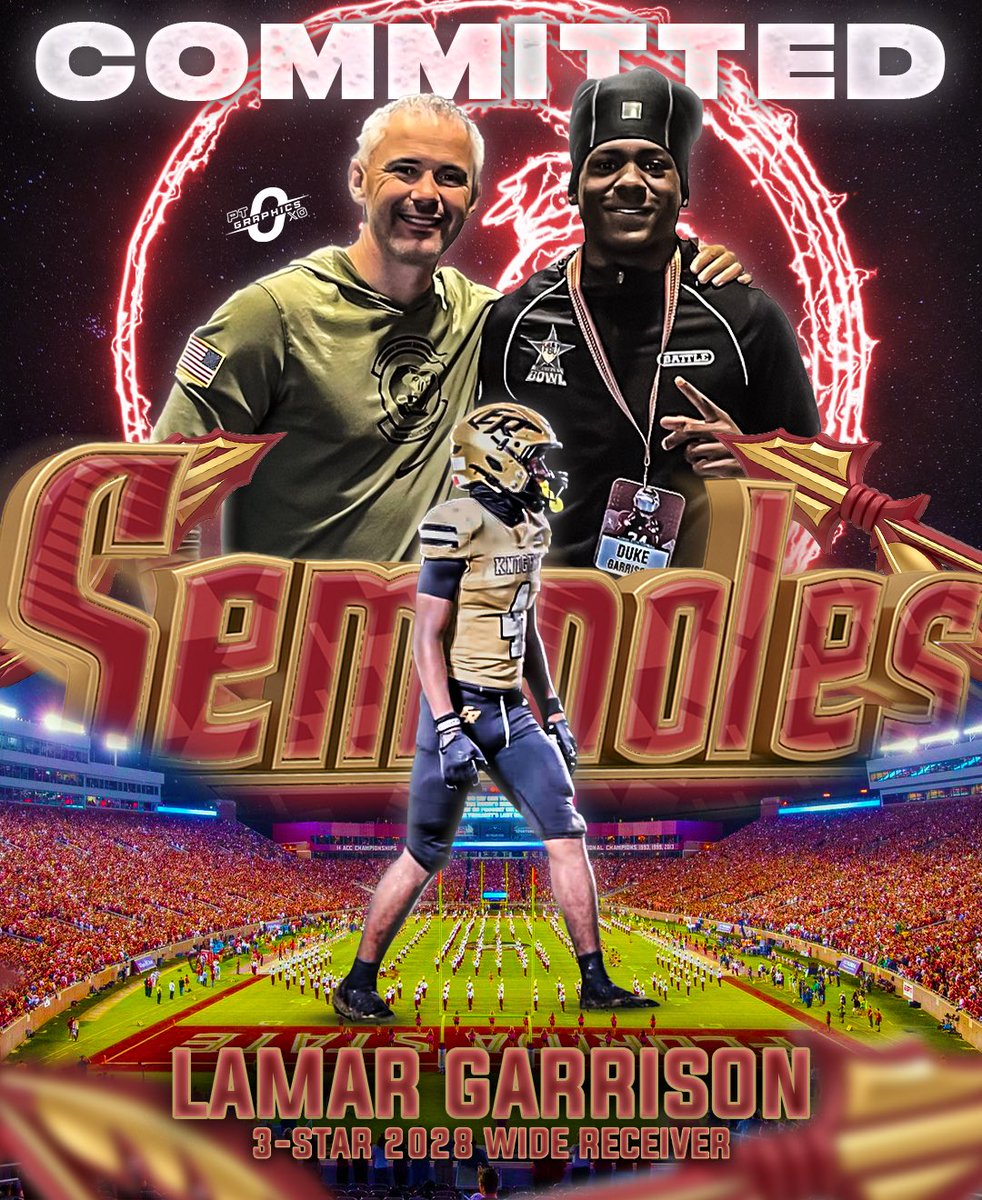 Parker Titus (@ptgraphics0) on Twitter photo BREAKING: 3⭐️ 2028 WR Lamar Garrison (<a href="/kantstopduke_10/">Lamar Garrison</a>) has Committed to Florida State.
The 6’ 165 WR from Leesburg, FL chose the Seminoles over LSU, Syracuse, and others.
“Ain’t nothing better to be an Seminole 🍢” BREAKING: 3⭐️ 2028 WR Lamar Garrison (<a href="/kantstopduke_10/">Lamar Garrison</a>) has Committed to Florida State.
The 6’ 165 WR from Leesburg, FL chose the Seminoles over LSU, Syracuse, and others.
“Ain’t nothing better to be an Seminole 🍢”