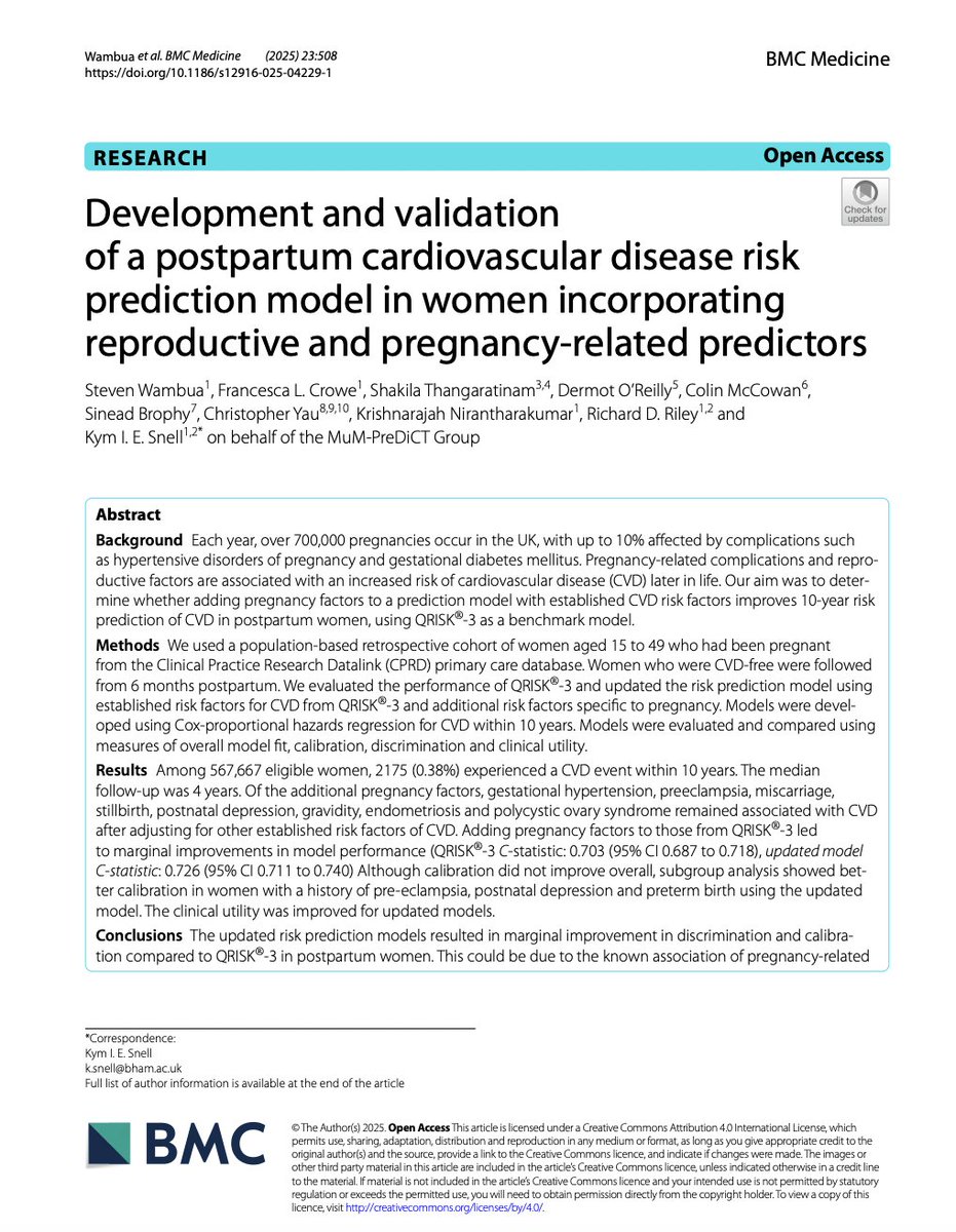 StevenWambua's tweet image. Our new publication explored the impact of including pregnancy history in cardiovascular risk prediction modelling using QRISK3 risk prediction model as a benchmark. 
 pubmed.ncbi.nlm.nih.gov/40883735/

#mumpredict