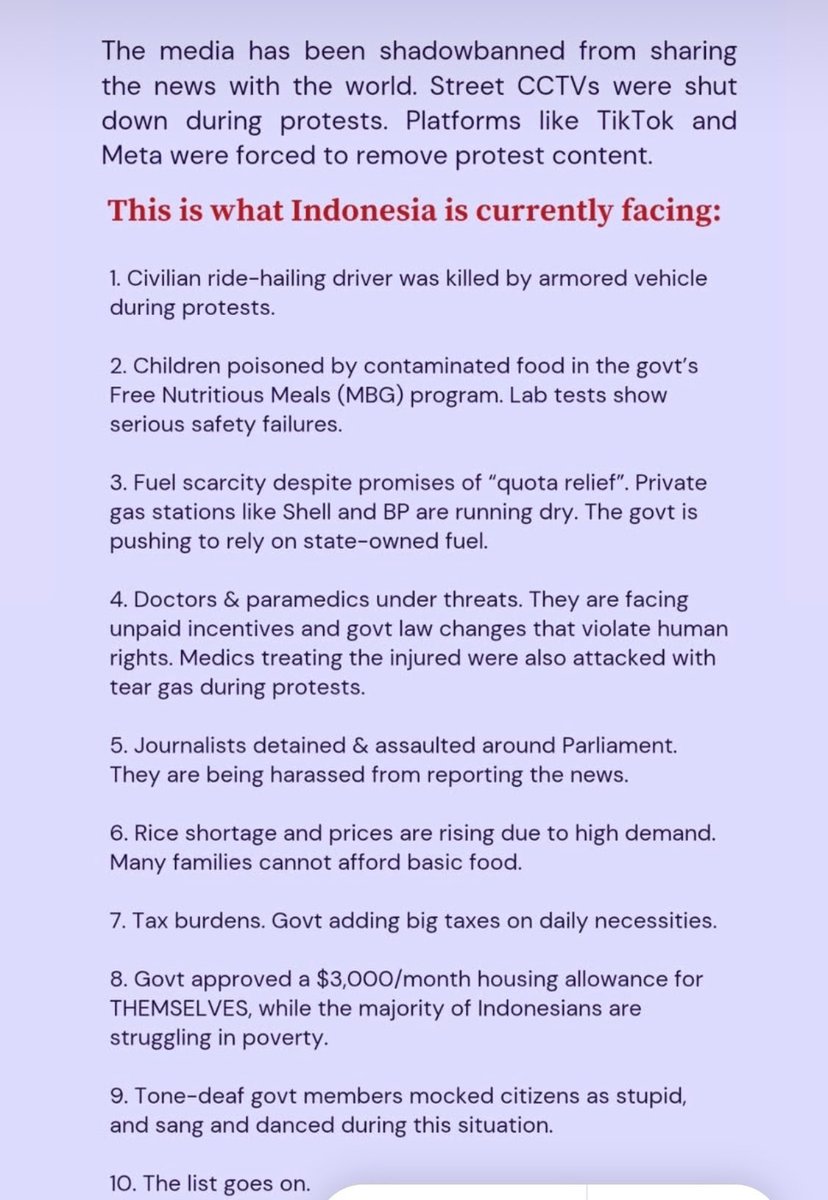 Please speak up about what’s happening in Indonesia Thousands are protesting against corrupt politicians wages and police brutality, but their voices are being silenced online to my Indonesian moots I hear you I see you and I’m wishing you strength and safety