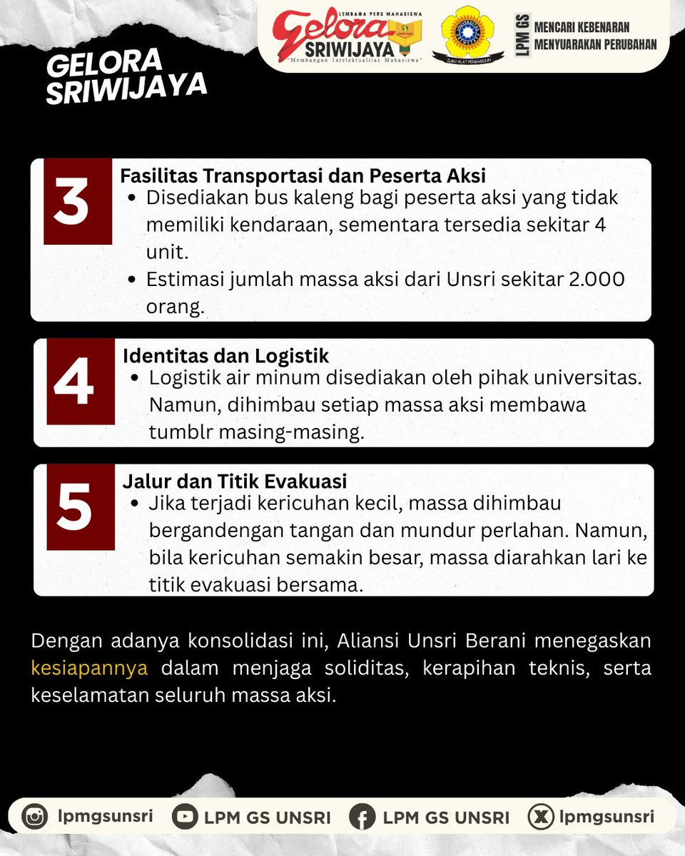 Salam pers mahasiswa!!

Aliansi Unsri Berani telah melaksanakan konsolidasi internal pada Minggu, 31 Agustus 2025 bertempat di Student Center Universitas Sriwijaya. Konsolidasi ini berfokus pada teknis lapangan untuk pelaksanaan aksi bersama.
#demo #demonstrasi #aksi #unsri