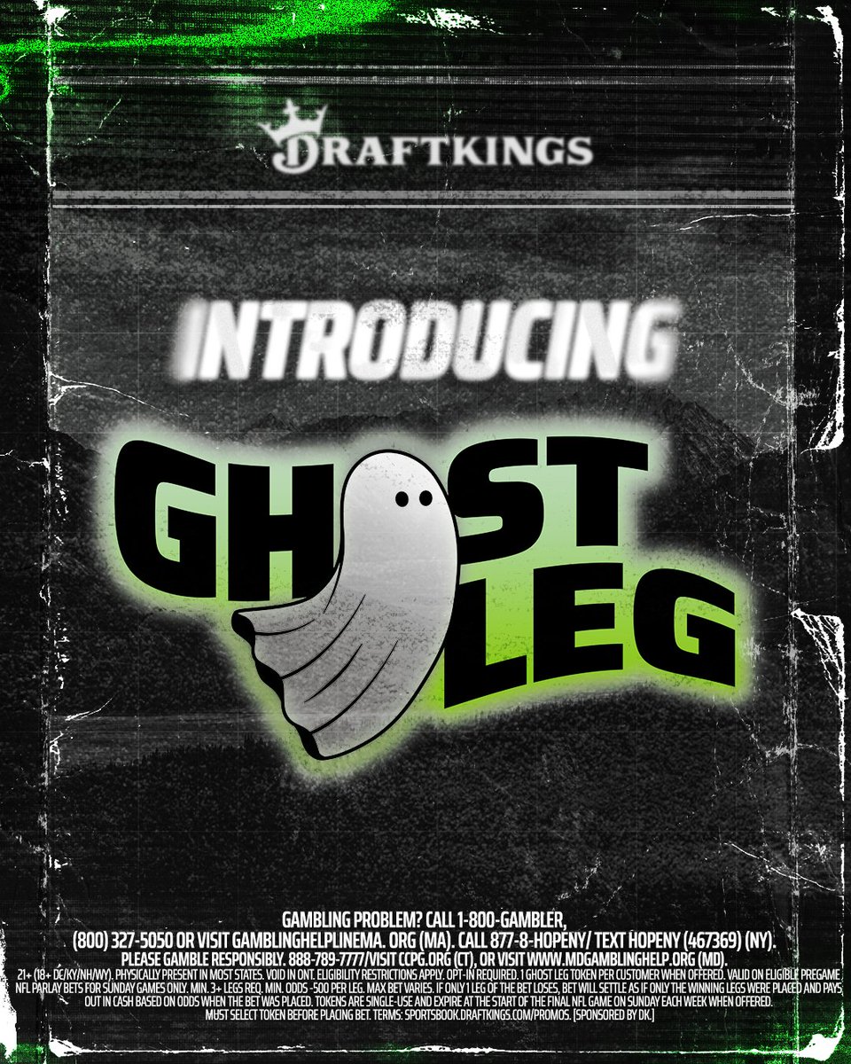 DKSportsbook's tweet image. Last season, over 30 million parlays fell short by just one leg.

Introducing Ghost Leg: if your Week 1 NFL Sunday parlay misses by a single leg, we’ll ghost it and pay you out in cash 👻