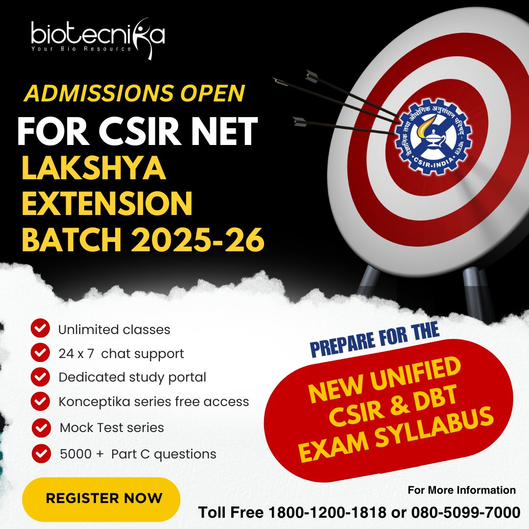 biotecnika's tweet image. 🔥 Prepare SMARTER, not HARDER! 
Batch Starts 08th Sep 2025

✅ CSIR NET Lakshya Extension Batch will help you do that, leave it to the experts of decades to guide you!

🔗 Enroll now: btnk.org/CSIR-NET-LAKSH…

💬 Chat with an expert: btnk.org/Chat-With-CSIR…

#CSIRNET2025