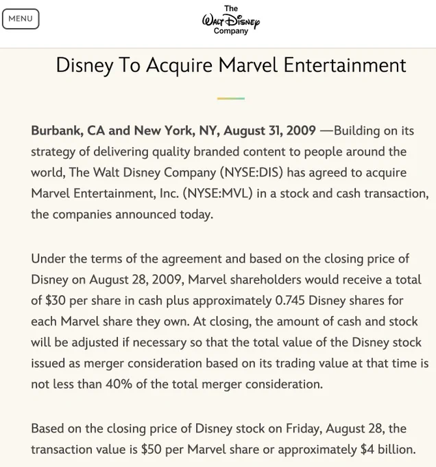 🔵MARKETEVANS: Disney acquista Marvel Studios per oltre 4 miliardi di dollari nel 2009