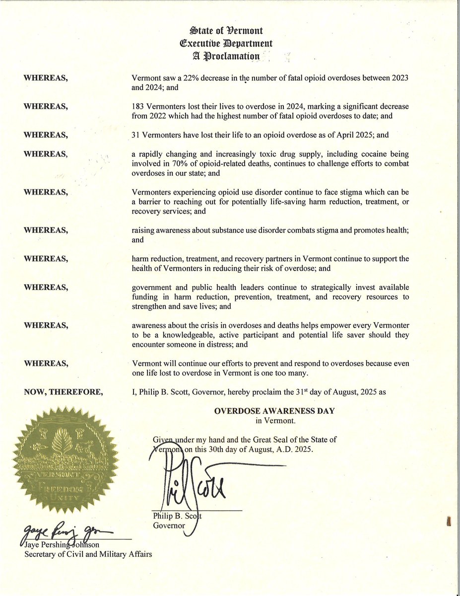 Today is Overdose Awareness Day in Vermont. 183 Vermonters lost their lives to overdose in 2024, marking a significant decrease from 2022 which had the highest number of fatal opioid overdoses to date.