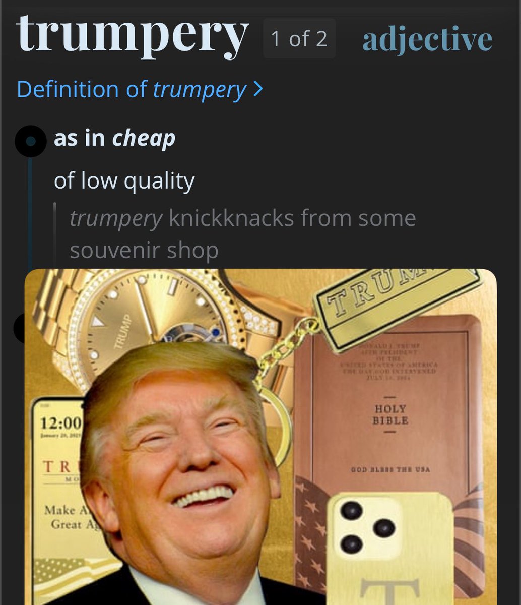 jacobrosecrants's tweet photo. Happy Sunday, y’all! 

I wasn’t initially looking to drag him (was lookin up words like “codswallop” to drop as one-word replies to fact-free BS on my feed) &amp; found this: “Trumpery” is an actual word that means “cheap &amp; low quality”…seriously! Google it on up! How appropriate 😂 https://t.co/MPM5wT723F