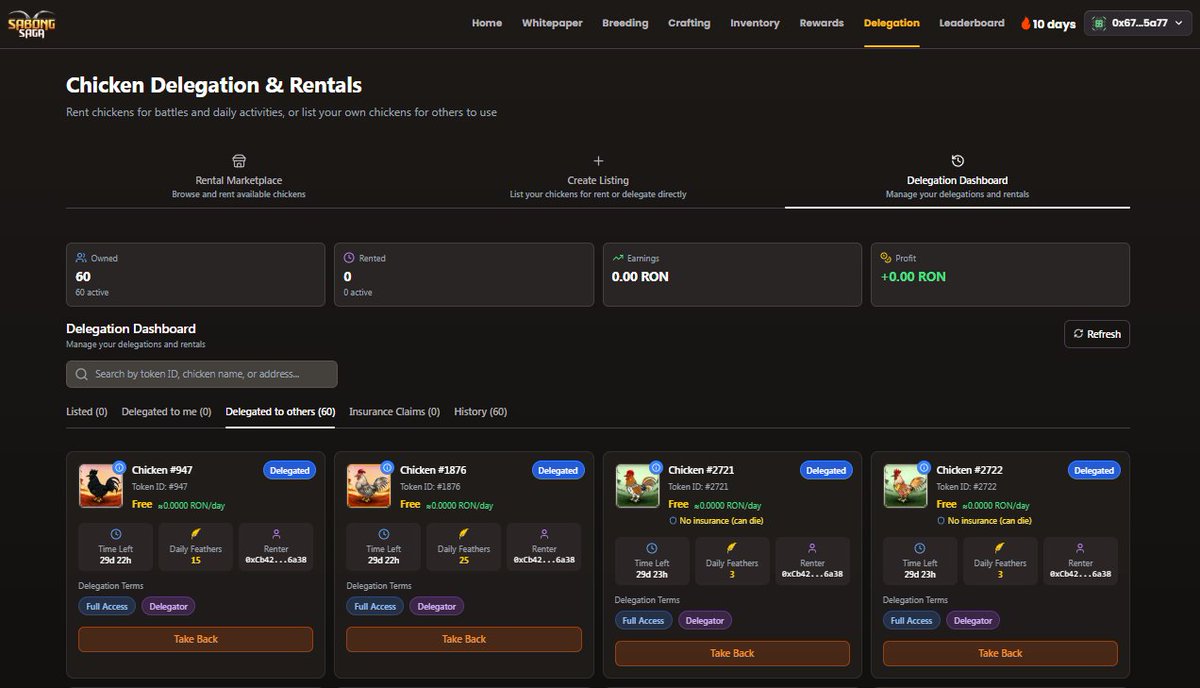<a href="/SabongSaga/">Sabong Saga</a>'s delegation feature has been live for a few days already. I just completed delegating 60 chickens, and all I can say is it's FLAWLESS!

GOATED TEAM!
<a href="/Ronin_Network/">Ronin</a>