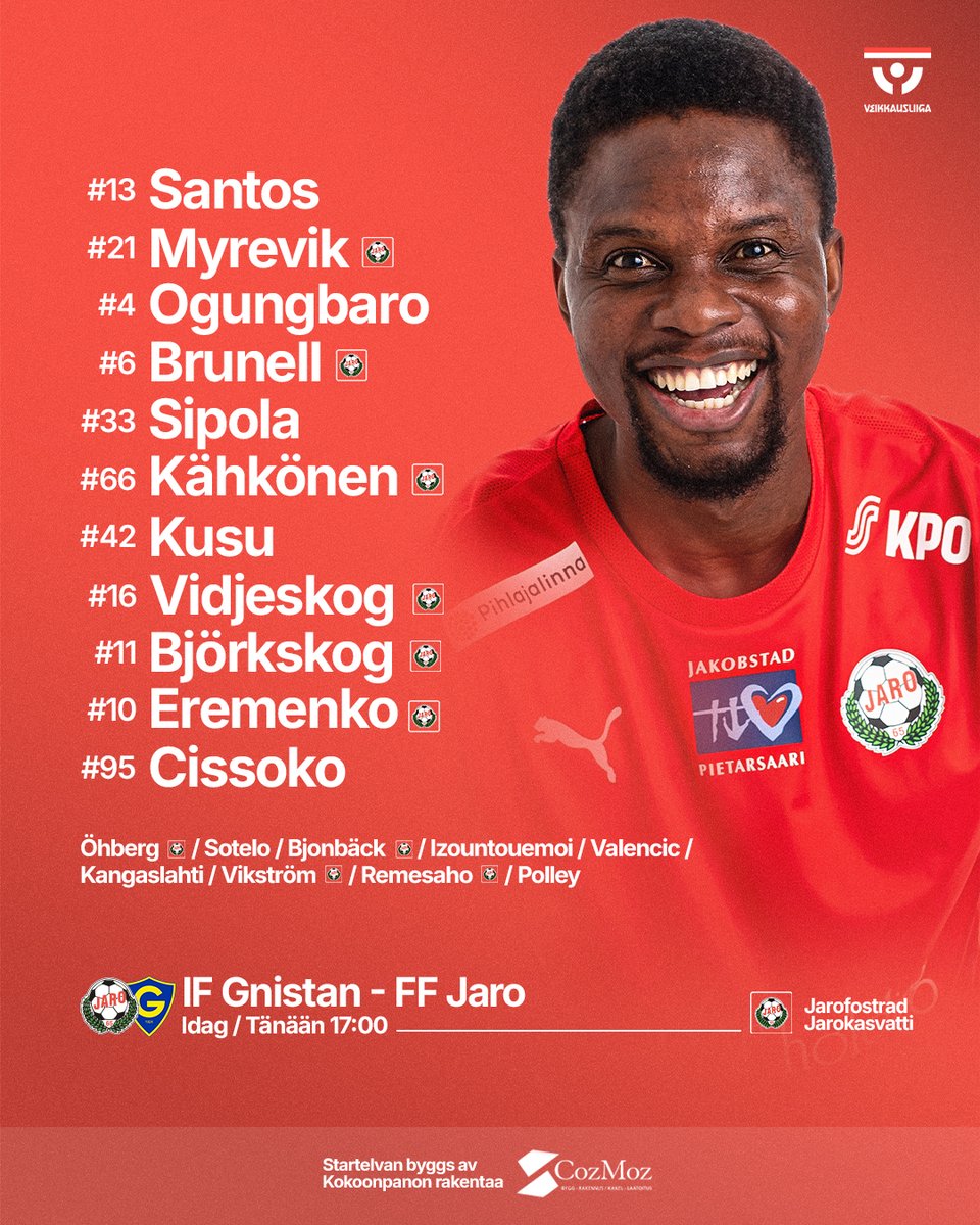 💪Grundseriens sista startelva. Runkosarjan viimeinen kokoonpano.
---
⏰ Idag / Tänään 17:00
⚽️ IF Gnistan - FF Jaro
🏟️ Mustapekka Areena
📺 Stream: ruutu.fi/stream/4752756