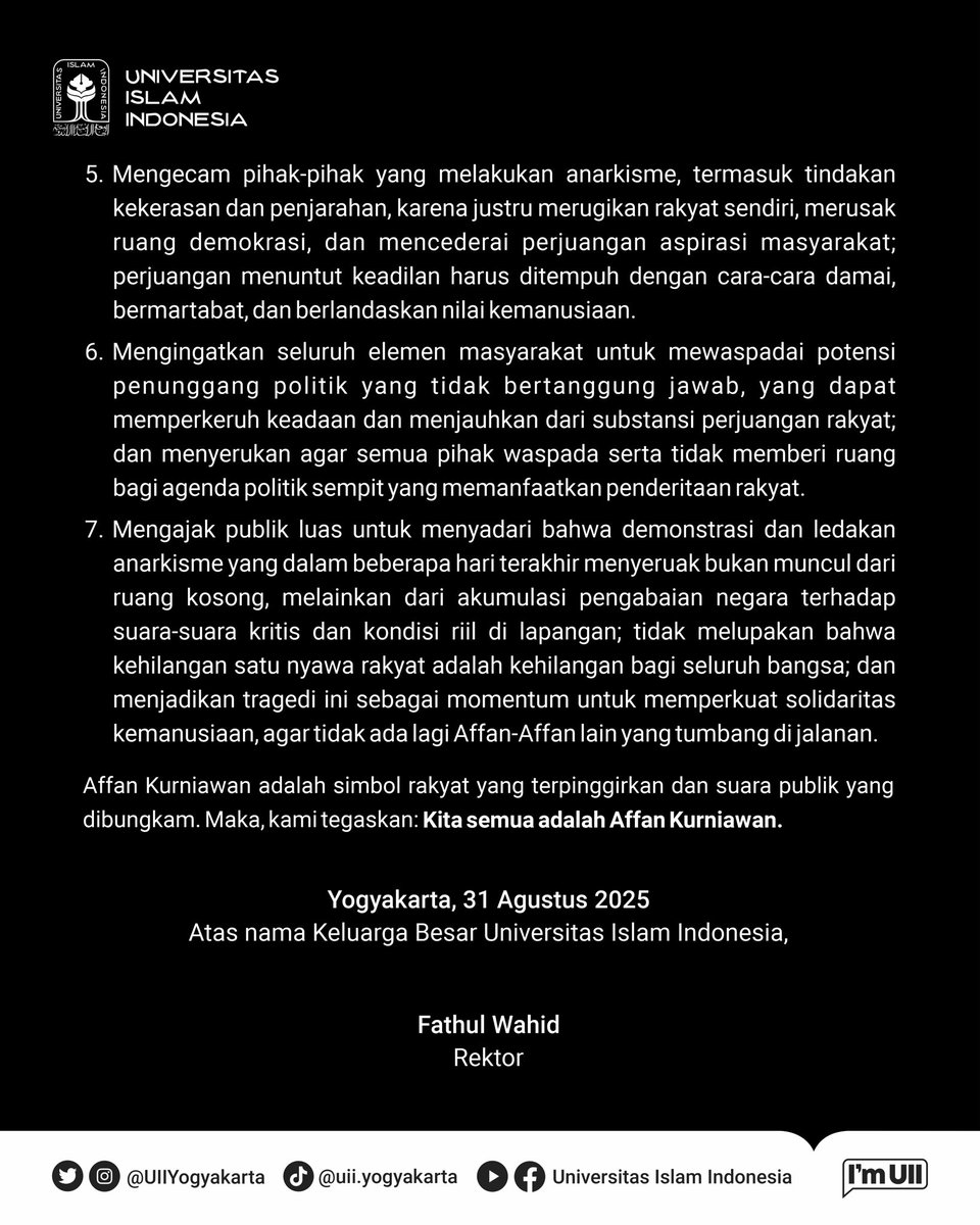 Pernyataan sikap Universitas Islam Indonesia

Selengkapnya: uii.ac.id/kita-semua-ada… 

#ImUII
#KampusUII
#UIIYogyakarta 
#UniversitasIslamIndonesia