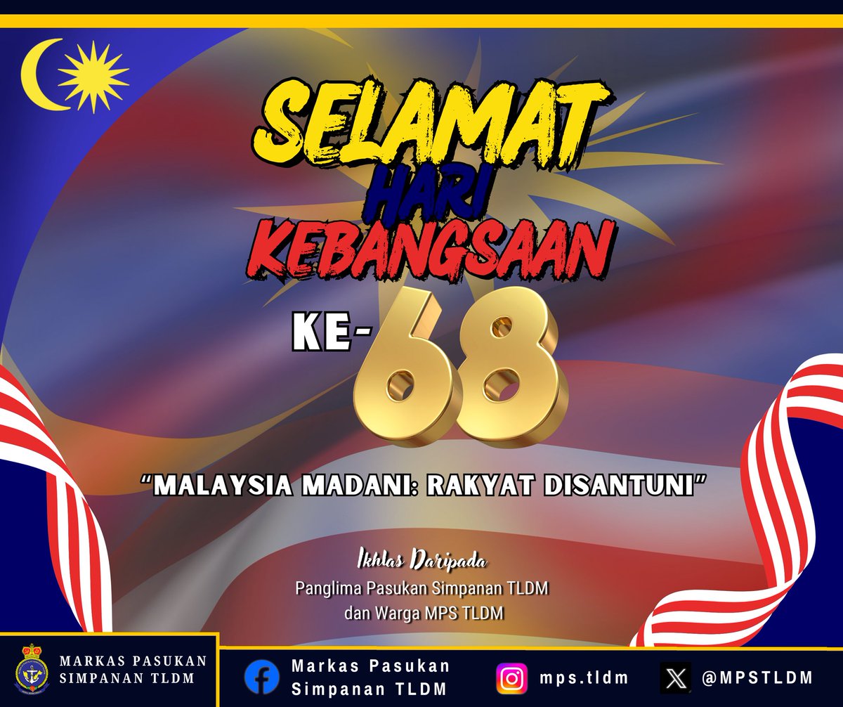 "Malaysia MADANI: Rakyat Disantuni"

Selamat Menyambut Hari Kebangsaan ke-68 ikhlas daripada Panglima Pasukan Simpanan TLDM dan warga Markas. Teruskan semangat perpaduan dan cintakan tanah air demi Malaysia yang lebih gemilang.

#HomeOfNavalReservist
#navywishes #merdeka68