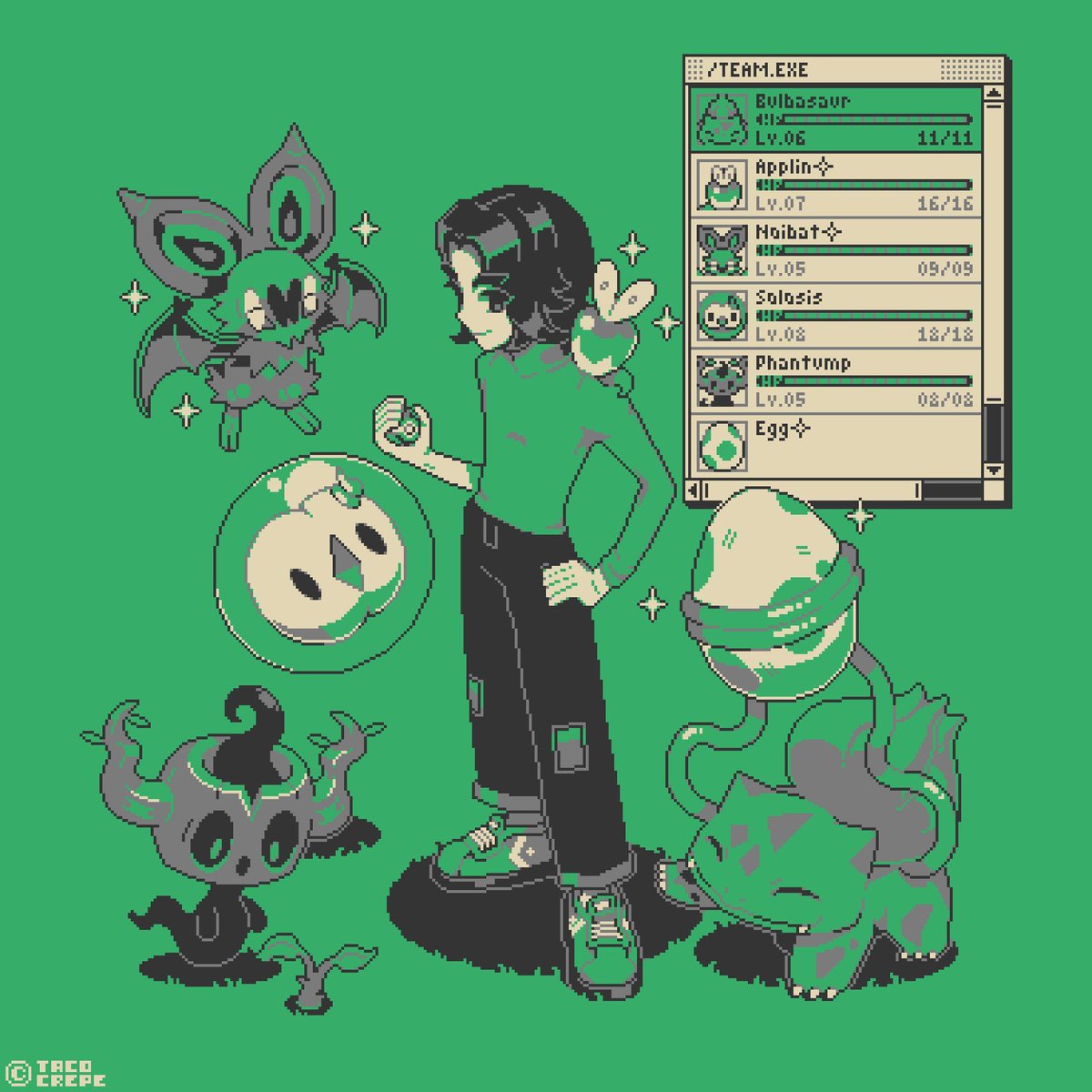 tacocrepe's tweet image. my green pokemon team

#pixelart #pokemon #froggyOS