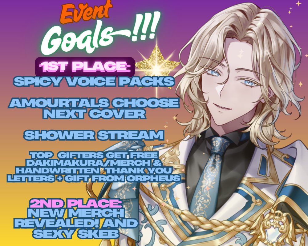 Orpheus Nephilim🌓🏛️IRIAM US【VDreams】 (@orpheusnephilim) on Twitter photo 🌟ORIGINAL MUSIC EVENT GOALS✨
This is my Biggest Dream/Goal since Debut! So let’s make our it come true together Amourtals!🩵✨🪽🥹
2 Days Left‼️
🏆 1ST PLACE:
🔹 Spicy VPs
🔹You Choose Next Cover 
🔹Gifts for Top Donors!
🔹Sexy Skeb 
🏆 2ND:
🔹New Merch!
🔹Sexy Skeb 🌟ORIGINAL MUSIC EVENT GOALS✨
This is my Biggest Dream/Goal since Debut! So let’s make our it come true together Amourtals!🩵✨🪽🥹
2 Days Left‼️
🏆 1ST PLACE:
🔹 Spicy VPs
🔹You Choose Next Cover 
🔹Gifts for Top Donors!
🔹Sexy Skeb 
🏆 2ND:
🔹New Merch!
🔹Sexy Skeb