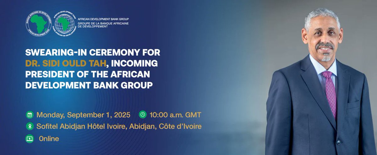 AfDB_Group's tweet image. TOMORROW: The @AfDB_Group will host swearing-in ceremony of Dr. Sidi Ould Tah as the 9th President of the Bank. 

The ceremony will be chaired by @ludovicngatse01, Chair of the #AfDB Board of Governors and Minister of Economy of the Republic of Congo.

➡️bit.ly/3VxcbGB