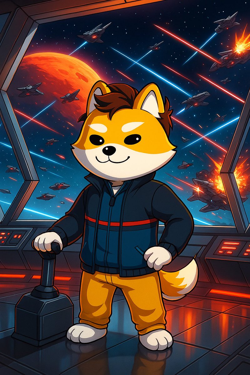 Dogelon Mars character piloting a spaceship towards Mars amid a space battle