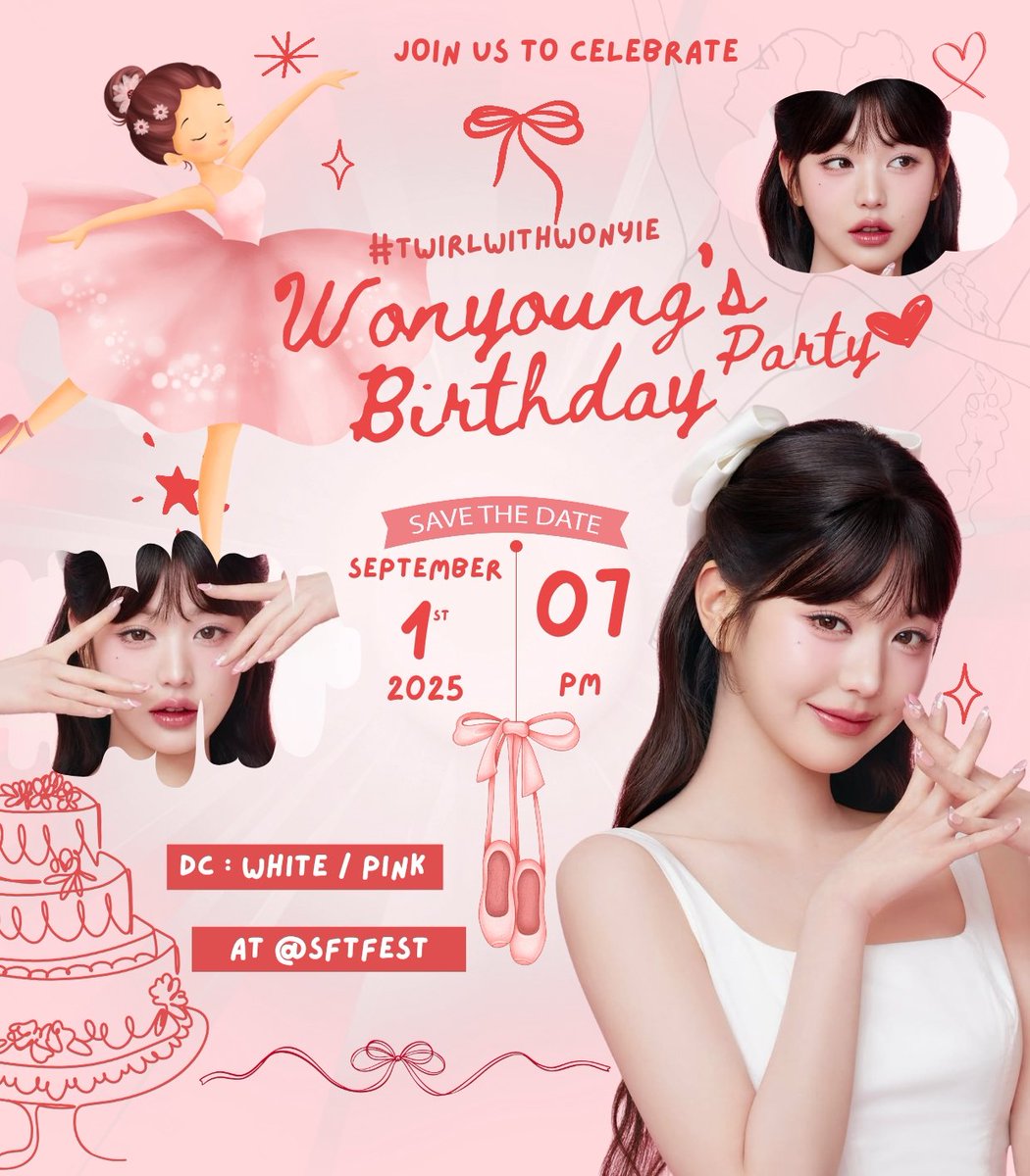 SFT FEST (@sftfest) on Twitter photo Dear SOFTIVIES members, you are invited to attend Birthday Party of <a href="/SFT04WONYOUNG/">Wonyie! ☘︎ ݁˖</a>
Please note the date!
📅 Monday, September 1st 2025
⏰ 07.00 PM
👗 White or Pink
#⃣ #TwirlWithWonyie Dear SOFTIVIES members, you are invited to attend Birthday Party of <a href="/SFT04WONYOUNG/">Wonyie! ☘︎ ݁˖</a>
Please note the date!
📅 Monday, September 1st 2025
⏰ 07.00 PM
👗 White or Pink
#⃣ #TwirlWithWonyie