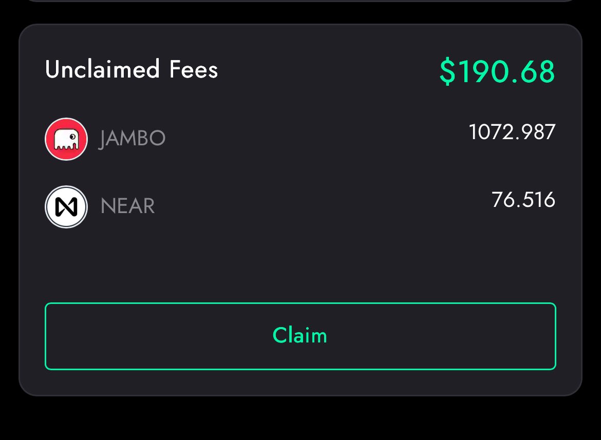 5194 🐉 (@xy63ry0rx) on Twitter photo Been preaching $NEAR for the longest and something’s are starting to change, so many opportunities and the best ecosystem for memes as you can reach multiple chains.
Providing Liquidity on <a href="/rhea_finance/">Rhea Finance</a> for $JAMBO and I’d like to distribute this fees to y’all
10 people
- Been preaching $NEAR for the longest and something’s are starting to change, so many opportunities and the best ecosystem for memes as you can reach multiple chains.
Providing Liquidity on <a href="/rhea_finance/">Rhea Finance</a> for $JAMBO and I’d like to distribute this fees to y’all
10 people
-