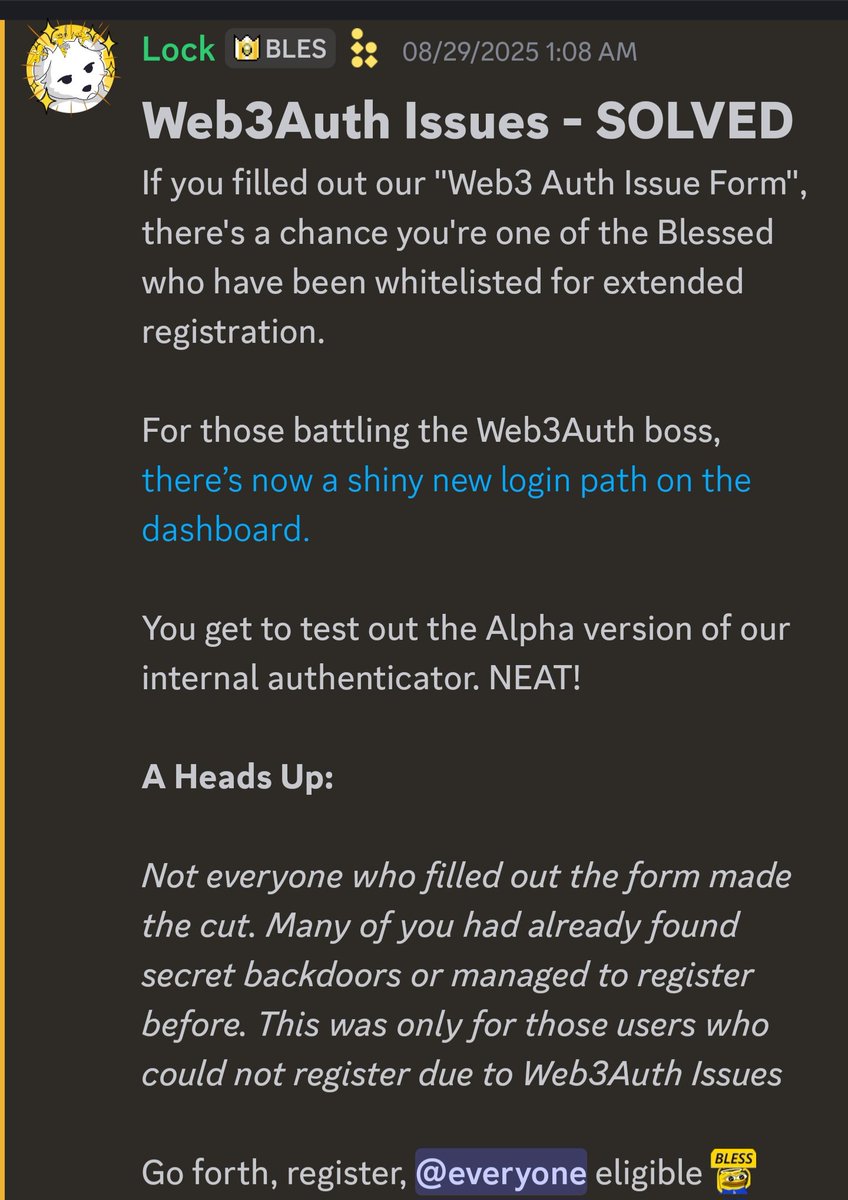 To those who filled up the form for the Web3Auth Issue, please make sure to register for your <a href="/theblessnetwork/">Bless</a> airdrop.

Once this is closed, you can no longer register, and this will close tomorrow, Monday.