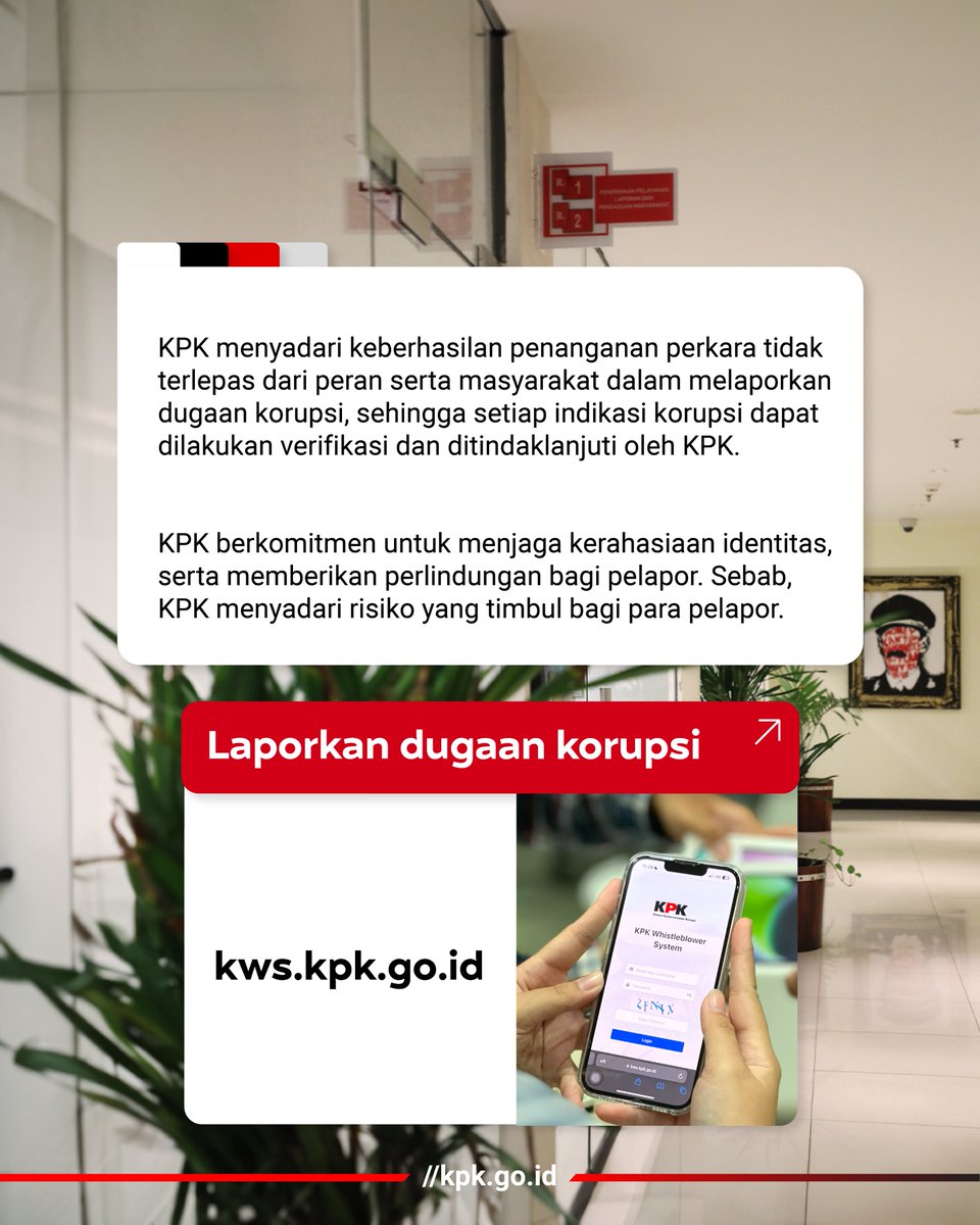 KPK_RI's tweet photo. Jika #KawanAksi menemukan adanya dugaan tindak pidana korupsi, segera laporkan melalui https://t.co/iIFeFb3sQF, email pengaduan@kpk.go.id, atau dengan menghubungi Call Center KPK 198.
Salam, antikorupsi! #CapaianKPK #KinerjaKPK #PengaduanMasyarakatKPK https://t.co/zyGNXEyp9S