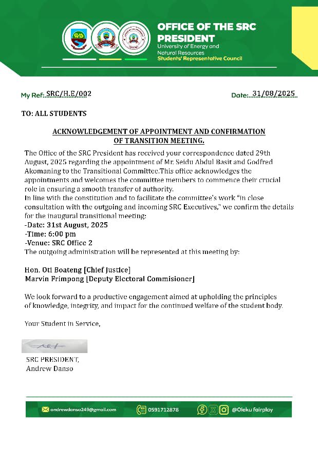 Office of the SRC President acknowledges the appointment and confirms the transition meeting.
#UenrSrc