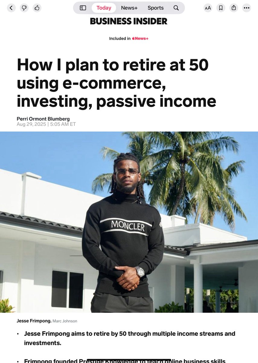 จะเกษียณตอนอายุ 50 ได้จริงไหม ถ้าเริ่มจากศูนย์? 💻  
- Jesse Frimpong อายุ 27 จากฟลอริดา ตั้งเป้าเกษียณก่อนวัย  
- ใช้ e-commerce + การลงทุน + passive income เป็นฐาน  
- ก่อตั้ง Prestige Knowledge เพื่อสอนทักษะธุรกิจออนไลน์  

ต่อ…