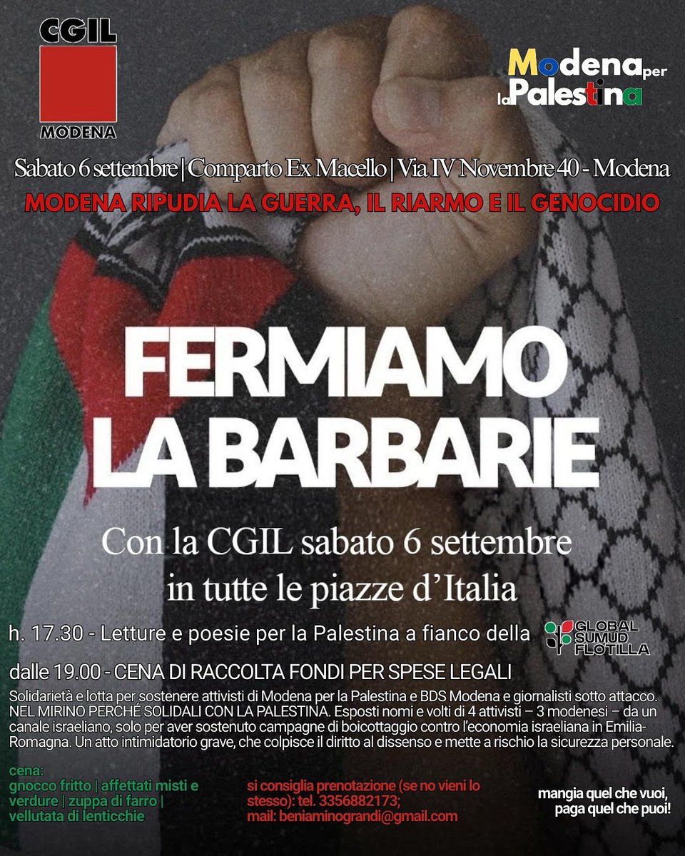 🟥 SOSTEGNO A GLOBAL SUMUD FLOTILLA
#6settembre anche a #Modena si terrà una iniziativa a sostegno della Global Sumud Flotilla. Ci mobilitiamo per fermare la barbarie

Per informazioni puoi contattare Cgil Modena 👇
cgilmodena.it

#GlobalSumudFlotilla