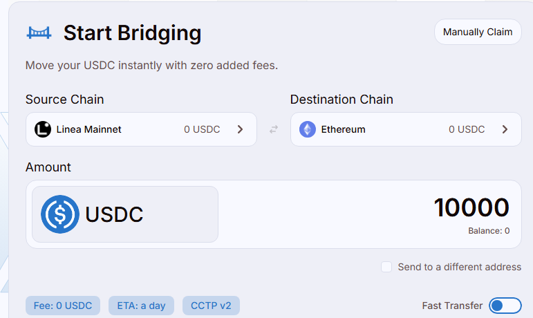 Bridging USDC off Linea is a bit of a pain right now:

Jumper only gives one option to bridge off 10k for 20$

With cctp.to you either pay 14$ for the fast option or nothing if you have time to wait ~30 hours

Just use cctp.to (a public good by