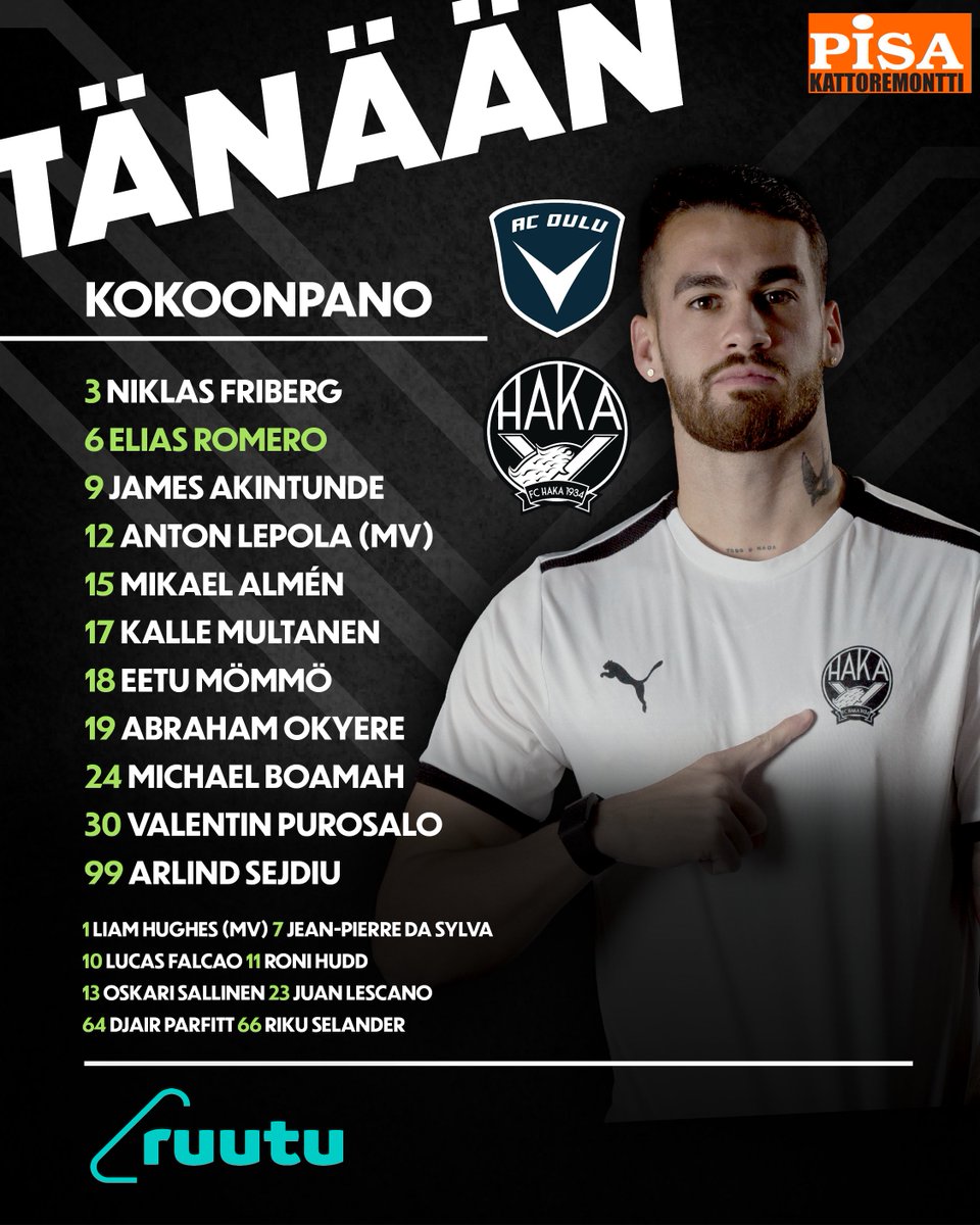 FC Haka Valkeakoski (@fchakaofficial) on Twitter photo 𝐒𝐓𝐀𝐑𝐓𝐈𝐍𝐆 𝐗𝐈
Kello 17.00 lähtee käyntiin taistelu Oulussa. Tällä kokoonpanolla elintärkeään pistejahtiin!🖤🔥
Avauskokoonpanon tarjoaa Pisa Kattoremontti
⚽️ AC Oulu - FC Haka 17.00 / 5.00 pm
🏟 Raatin Stadion, Oulu
📺 Ruutu+ | ruutu.fi/stream/4752737
<a href="/Veikkausliiga/">Veikkausliiga</a> 𝐒𝐓𝐀𝐑𝐓𝐈𝐍𝐆 𝐗𝐈
Kello 17.00 lähtee käyntiin taistelu Oulussa. Tällä kokoonpanolla elintärkeään pistejahtiin!🖤🔥
Avauskokoonpanon tarjoaa Pisa Kattoremontti
⚽️ AC Oulu - FC Haka 17.00 / 5.00 pm
🏟 Raatin Stadion, Oulu
📺 Ruutu+ | ruutu.fi/stream/4752737
<a href="/Veikkausliiga/">Veikkausliiga</a>