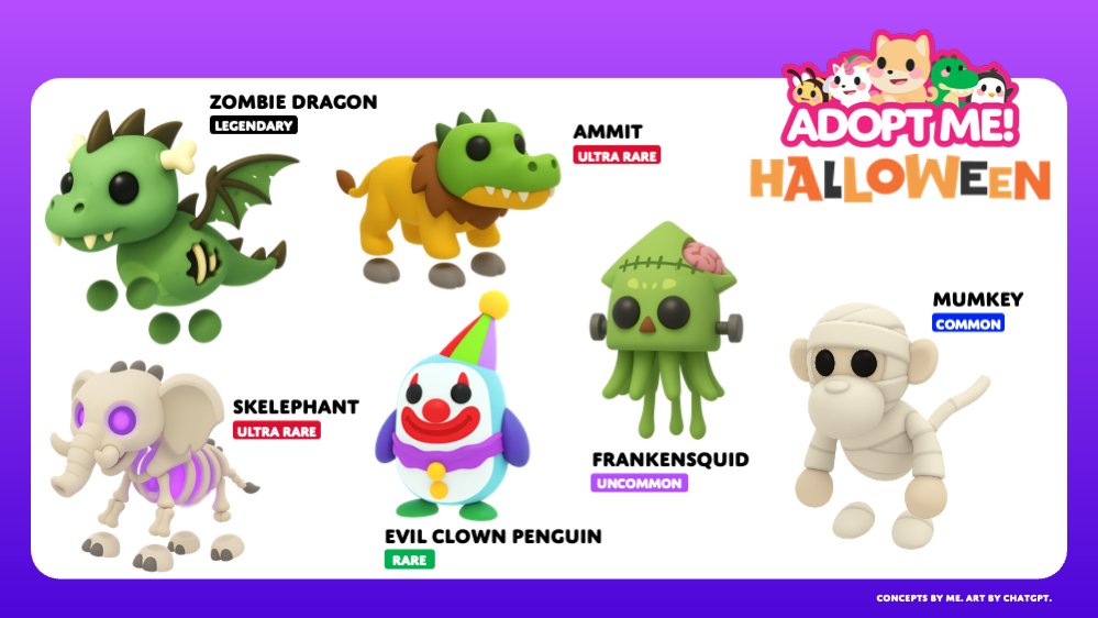 calculus03_'s tweet photo. Had some fun creating these concepts for #AdoptMe's Halloween event!

What do you think about these pets?

Concept ideas by me. Images by generated by chatGPT. https://t.co/YLfuuIrft3