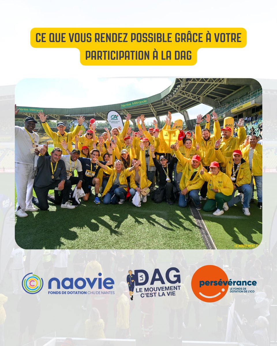 Dans une semaine, vous serez 2 500 à prendre le départ de la 4e édition de La DAG 🤩

Une mobilisation record — merci à tous 🫶

Cette année, les bénéfices seront reversés à :
🎗️ naovie - fonds de dotation du <a href="/CHUnantes/">CHU de Nantes</a> 
🎗️ Persévérance - fonds de dotation de l’ICO

#ladag2025
