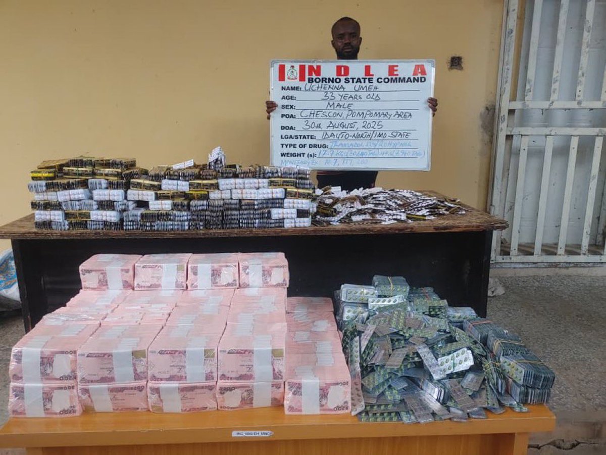 DejiAdesogan's tweet image. BORNO SECURITY 

Mazi Uchenna Umeh, a major Tramadol supplier fueling drug smuggling in #Borno State was arrested by NDLEA in Maiduguri on Sat August 30, 2025, with 30,640 Tramadol tablets, 7,940 Rophynol tablets, and ₦8Million cash. These drugs empower insurgents &amp;amp; criminals.