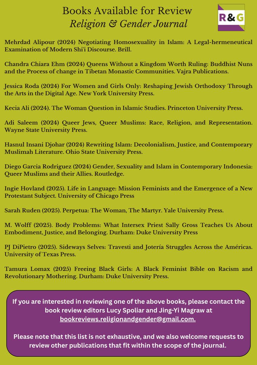 Religion and Gender Journal (@journalrandg) on Twitter photo 1/2 Are you interested in contributing to one of our upcoming issues? Then consider submitting a book review to us!
Although we have a range of books available, you can also review a book not on our list. If you're interested, reach out to <a href="/LucySpoliar/">Lucy Spoliar</a> and Jing-Yi Magraw, our.. 1/2 Are you interested in contributing to one of our upcoming issues? Then consider submitting a book review to us!
Although we have a range of books available, you can also review a book not on our list. If you're interested, reach out to <a href="/LucySpoliar/">Lucy Spoliar</a> and Jing-Yi Magraw, our..