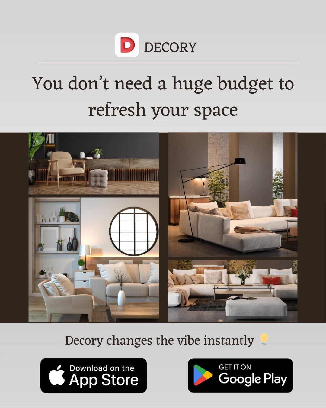 You don’t need a huge budget to refresh your space 💡

With Decory, one photo is all it takes to change the vibe instantly! 🏡✨

👉 Try it now: [decory.ai]

#HomeDesign #RoomMakeover #InteriorDesign #HomeDecor #AIinteriordesign #SmartDecor #RoomGoals #HomeGoals #DecoryAI #BudgetFriendly
