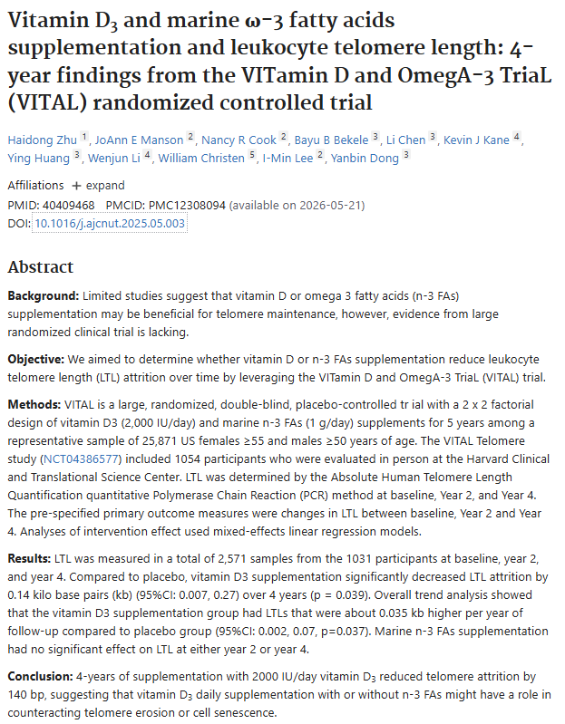 MyProtocols's tweet image. 2,000 IU/day of vitamin D3 reduces "biological age" by approximately 3 years.
ω-3 fatty acids had no measurable impact.