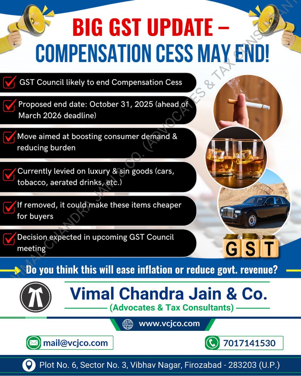 vcj_co's tweet photo. Big GST Update - GST Compensation Cess may END!
#cess #compensationcess #mathura #vrindavan #jalesar #kotla #dholpura #bharatpur #fariha #jasrana #sirsaganj #etah #auraiya #etawah #kanpur #tundla #vcjco #firozabad #agra #shikohabad #itr #incometaxreturn #refund #gst #gstr #gstregistration #tax #taxation #gstin #incometax
