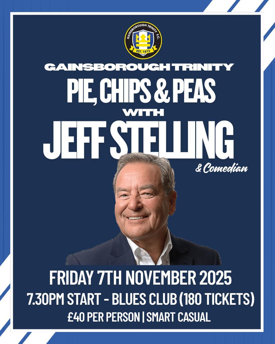 We're delighted to announce a Pie &amp; Peas event with Soccer Saturday legend Jeff Stelling

ONLY 180 tickets, Jeff is coming to The Blues Club on November 7th

Also includes: Comedian, Raffle &amp; Auction - it promises to be a great night

Reserve tickets through Misky on 07977 751549