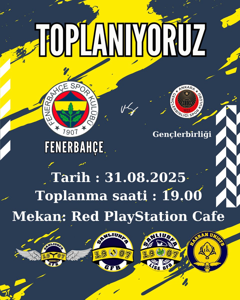 🏆TRENDYOL SÜPER LİG 4.Hafta
⚽FENERBAHÇEMİZ-gençlerbirliği
📍Red Oyun &amp; Cafe
📅 31.08.2025
⏰ 19.00
📢 SANA OLAN BU SEVDAMIZ GÖTÜRECEK BİZİ ZAFERE!