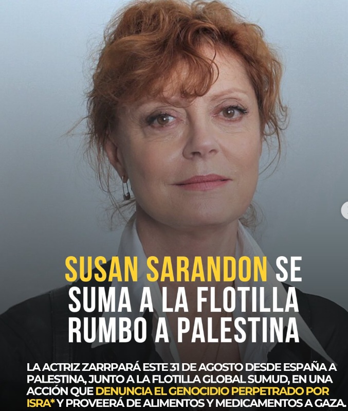 Susan Sarandon se unirá a la mayor flotilla de la historia para poner rumbo a Gaza.