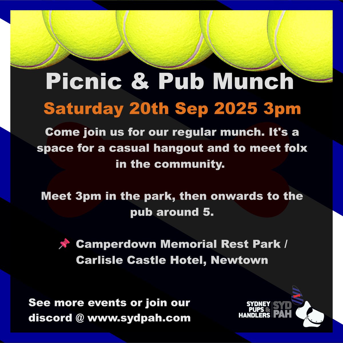 Next munch coming to a park near you real soon!

Come hang out with a bunch of pup friends. Newcomers very welcome.

📅 3pm Saturday 20th September
📍Camperdown Memorial Rest Park, Newtown
💵Free!

We'll migrate to nearby Carlisle Hotel around 5pm.

Boop you there!

🐾