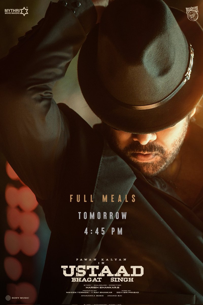 Mythri Movie Makers (@mythriofficial) on Twitter photo FULL MEALS TOMORROW at 4.45 PM ❤️🔥
#UstaadBhagatSingh - Stay tuned!
Our Director <a href="/harish2you/">Harish Shankar .S</a> presenting the man he loves in the way we all love him  ❤️
This birthday special poster will be celebrated 💥💥
POWER STAR <a href="/PawanKalyan/">Pawan Kalyan</a> <a href="/harish2you/">Harish Shankar .S</a> <a href="/sreeleela14/">Sreeleela</a> #RaashiiKhanna FULL MEALS TOMORROW at 4.45 PM ❤️🔥
#UstaadBhagatSingh - Stay tuned!
Our Director <a href="/harish2you/">Harish Shankar .S</a> presenting the man he loves in the way we all love him  ❤️
This birthday special poster will be celebrated 💥💥
POWER STAR <a href="/PawanKalyan/">Pawan Kalyan</a> <a href="/harish2you/">Harish Shankar .S</a> <a href="/sreeleela14/">Sreeleela</a> #RaashiiKhanna