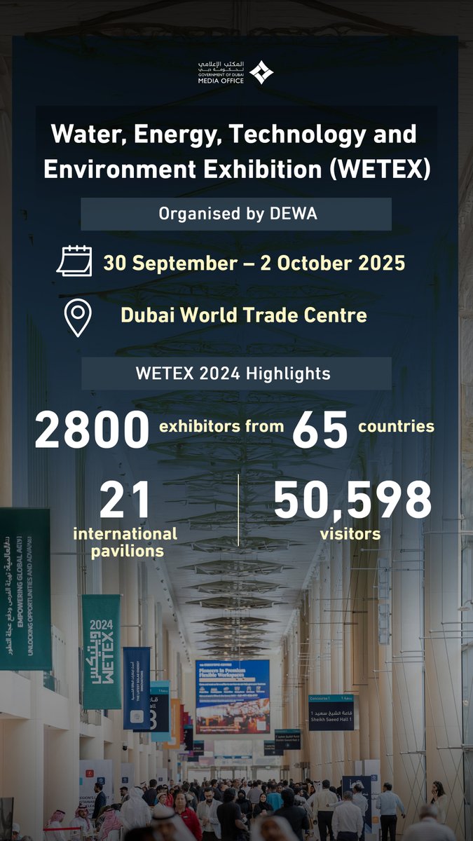 DXBMediaOffice's tweet photo. Water, Energy, Technology and Environment Exhibition (WETEX)
Organised by DEWA

30 September – 2 October 2025
Dubai World Trade Centre https://t.co/YZxOIIXUy0