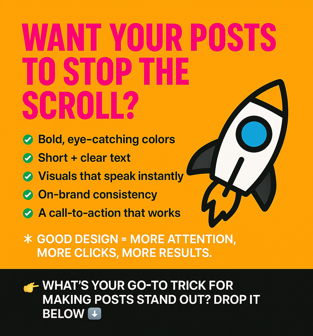 shafifreelancer's tweet image. 🚀 Want your posts to stop the scroll?
Here’s our design playbook 👇
✅ Bold colors
✅ Clear text
✅ Instant visuals
✅ Consistent branding
✅ Strong CTA
✨ Good design = attention + clicks + results.
👉 What’s YOUR secret to standing out?

#ScrollStoppingDesign #ShafisPixelHype