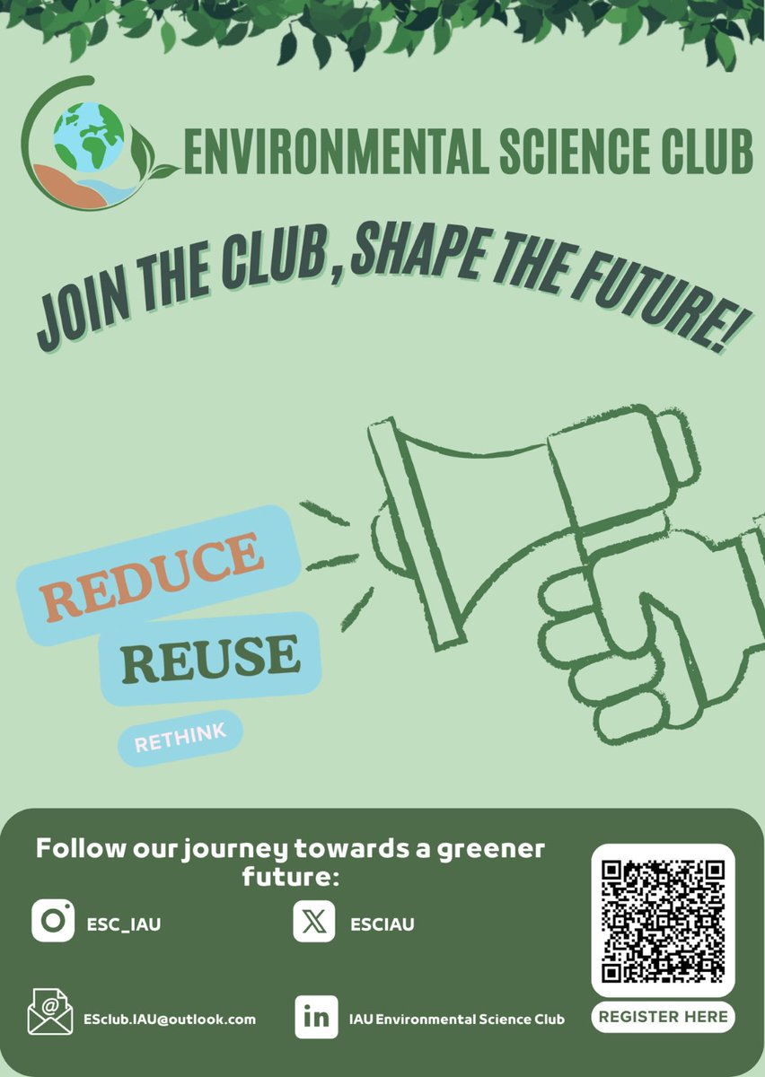 زميلاتي العزيزات 🌿✨،
يسر نادي العلوم البيئية دعوتكن للانضمام إلى رحلتنا نحو مستقبلٍ أكثر استدامة 🌍💚.

📢 انضمي الآن وكوني جزءًا من صناعة التغيير!
📌 رابط التسجيل عبر الباركود المرفق في البوستر.