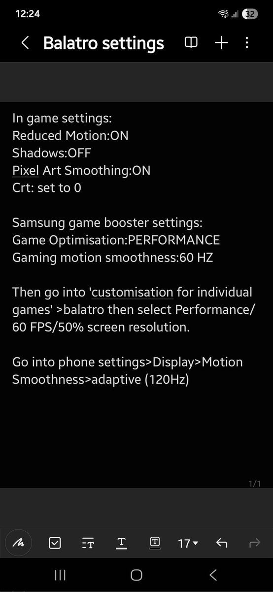 tenspeed123's tweet photo. If anyone has been struggling with @BalatroGame Performance on Samsung phones (A55 and others) after the one ui 7 update,give these settings a go,it's not perfect but a good workaround until a patch is issued. https://t.co/RkCGVjJWAx