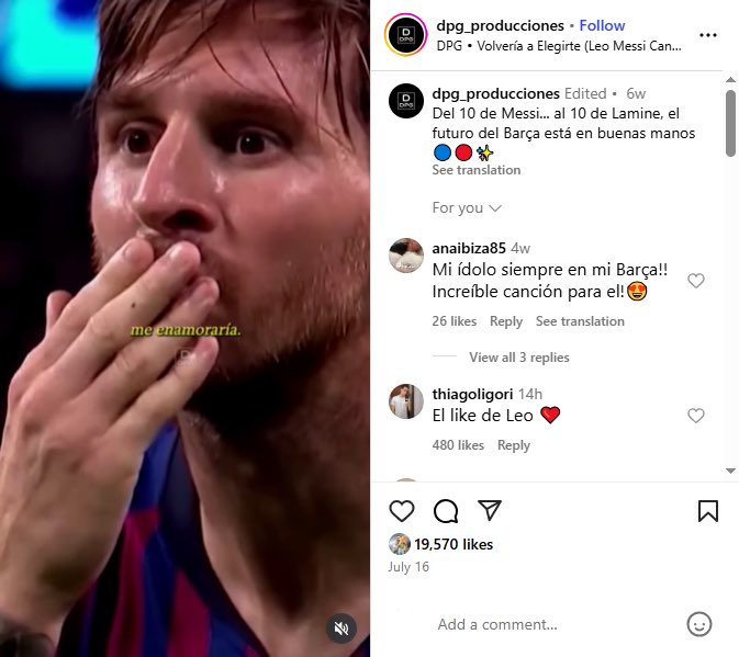 الأسطورة ميسي يضع لايك 🩷 على منشور على انستغرام بعنوان: 

من الـ10 ميسي إلى 10 لامين، مستقبل برشلونة في أيدٍ أمينة ♥️