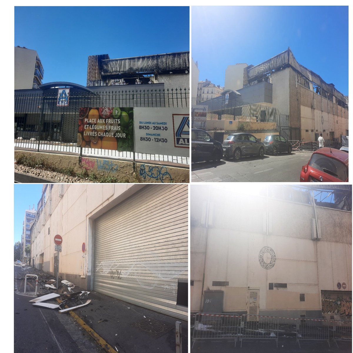 Un incendie s’est déclaré cette nuit au 1er étage d'un supermarché Aldi (13002).
Les marins-pompiers ont lutté toute la nuit pour maîtriser les flammes.
Au lendemain des faits, façades calcinées et décombres témoignent de l’ampleur des dégâts.
#Marseille #incendie #pompiers