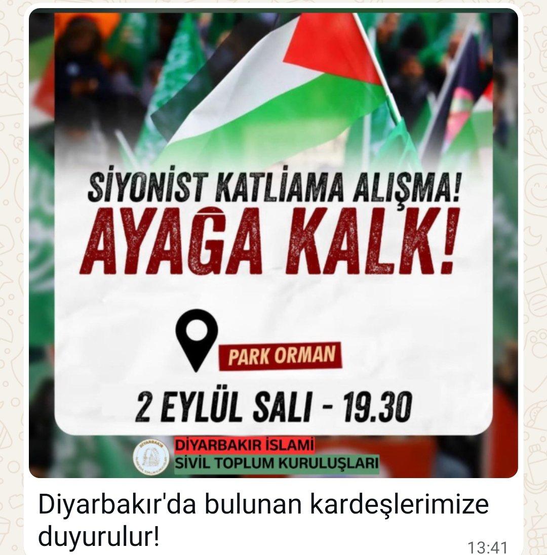 Siyonist katliam çetelerini telin etmek ve Gazzeli kardeşlerimize destek olmak amacıyla, 2 Eylül Salı günü Diyarbakır Park Orman’da İslami STK’lar tarafından düzenlenecek programa ailenizle birlikte davetlisiniz...
#GazzeAçlıktanÖlüyor
#gazzeyei̇nsanikoridor 
#GazzeyeUmutOl