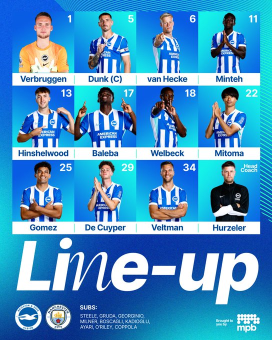 Albion v City starting XI graphic:

Verbruggen, Dunk (C), van hecke, Minteh, Hinshelwood, Baleba, Welbeck, Mitoma, Gomez, De Cuyper, Veltman.

Subs: Steele, Gruda, Georginio, Milner, Boscagli, Kadioglu, Ayari, O'Riley, Coppola. 

Come on Albion!
