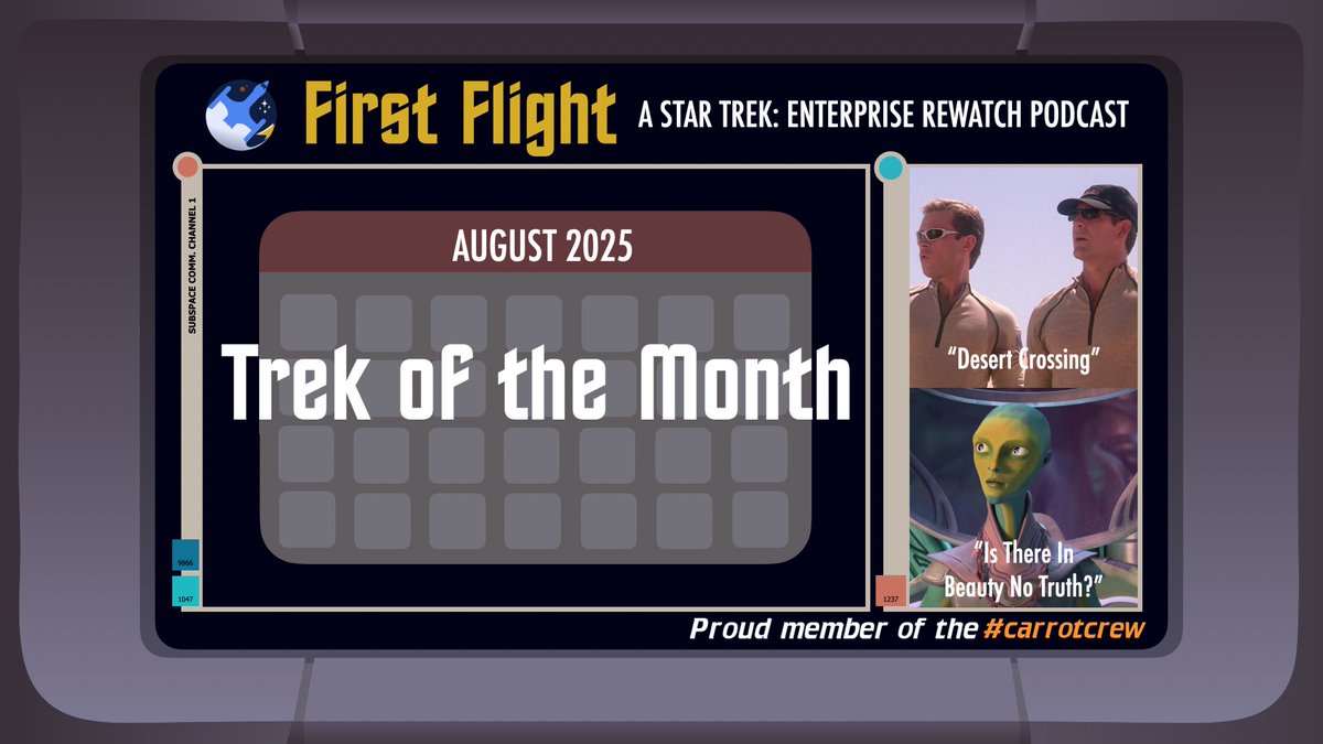 FirstFlightPod's tweet image. 🖖🏽🚀 BONUS EPISODE ALERT🚀🖖🏽

As August comes to an end, @abbymsommer and @shelfnerds continue their bite-sized discussions about #StarTrek episodes for each month.

This month focuses on Enterprise’s “Desert Crossing” and Prodigy’s “Is There in Beauty No Truth?”