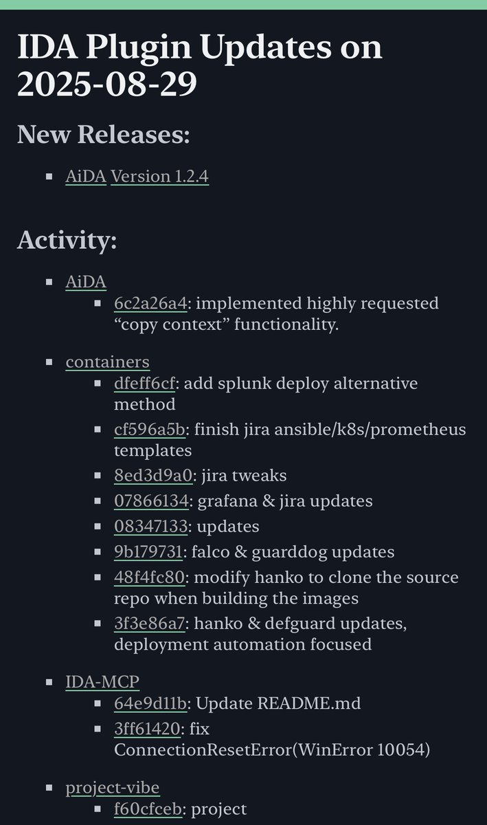 williballenthin's tweet image. I’ve been discovering Reverse Engineering tools and techniques by following IDA Pro plugin updates, which I publish via RSS. 

Daily, a script searches GitHub for IDA API names that suggest a project uses IDA. Then it renders recent releases and commits. 

williballenthin.com/ida/plugins/ac…