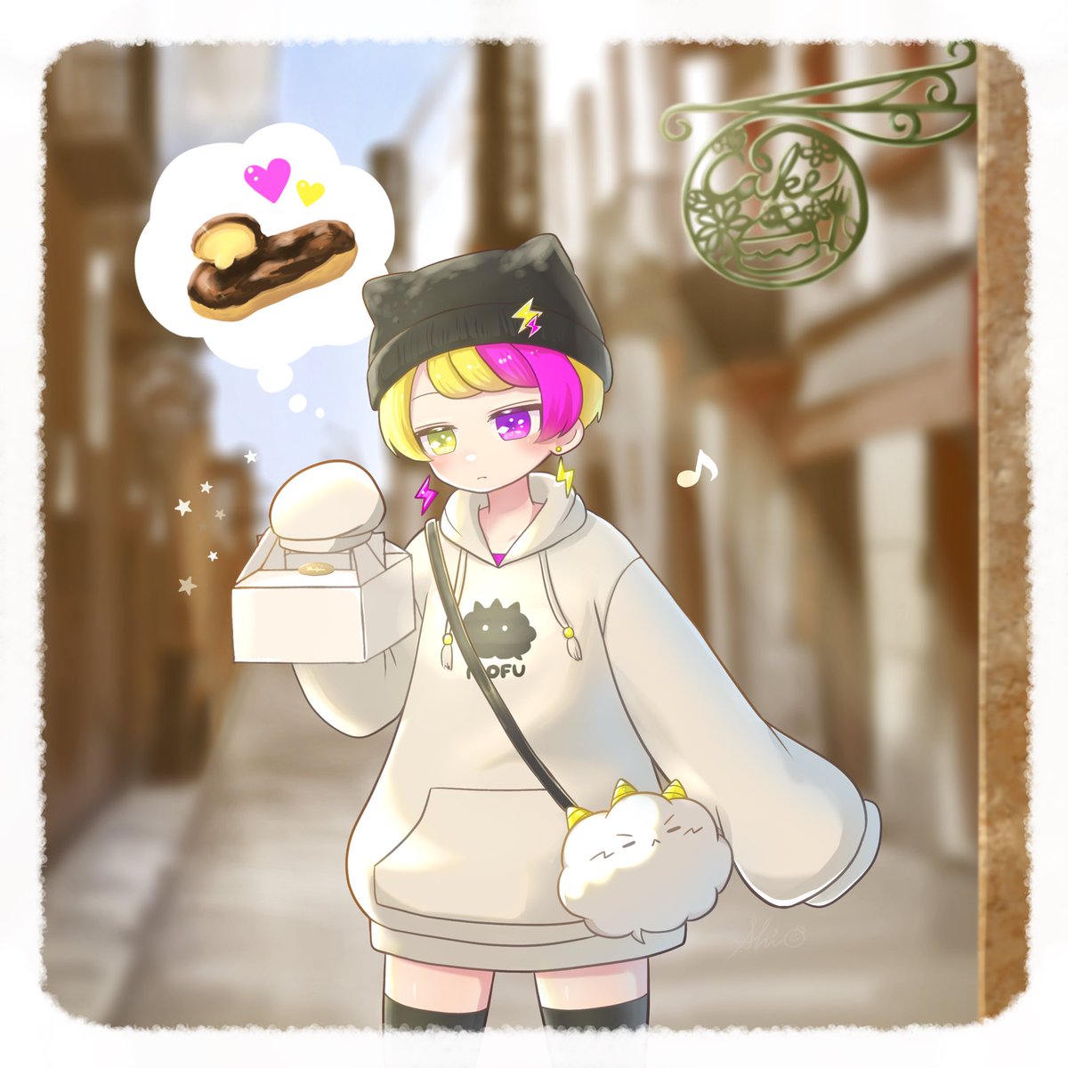 #おてんきむすめ
地上おでかけコーデで大好きなエクレアを買いにきた雷っ子のライカ⚡️
とバッグに擬態するモフ吉🌩️

9/7の #COMITIA153 で初頒布する新刊
『ライカ＆モフ吉10周年きねんぶっく』に収録した描き下ろしイラストです📖