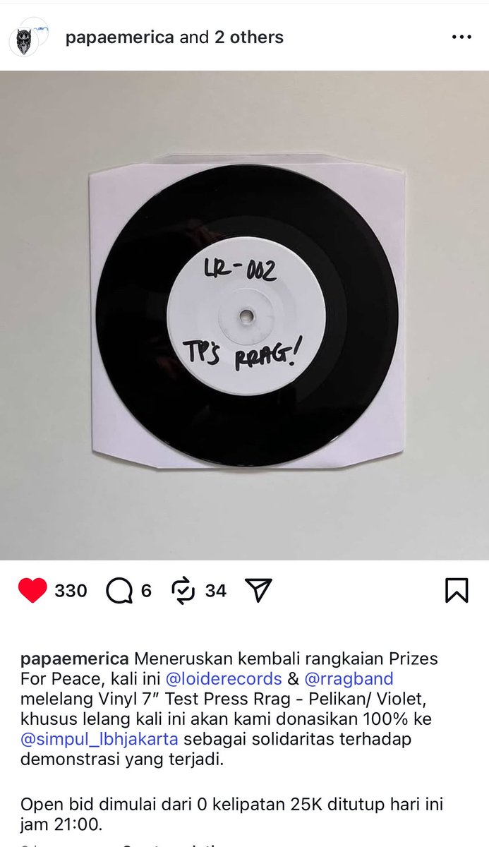 Kami melelang Vinyl 7” Test Press Rrag – Pelikan/Violet.
Hasil lelang ini akan 100% didonasikan ke LBH Jakarta sebagai bentuk solidaritas terhadap demonstrasi yang sedang berlangsung.

Open bid dengan kelipatan 25K melalui Instagram <a href="/papaemerica/">•</a>. Akan ditutup hari ini pukul 21:00
